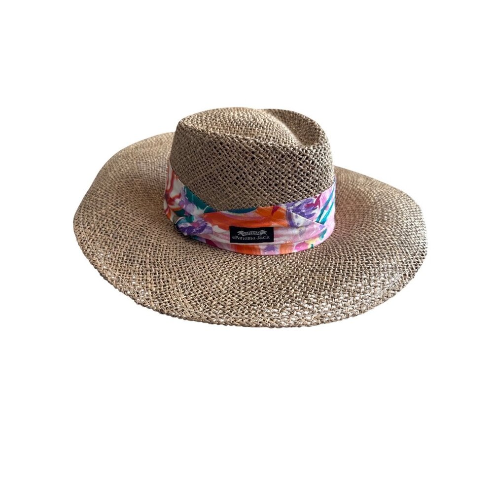 Panama Jack Straw Sun Hat With Colorful Fabric Band Wide Brim Lightweight